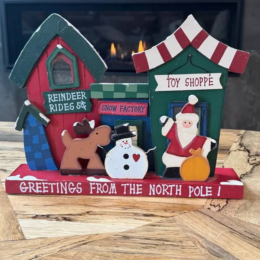 Vintage Kmart Wooden Christmas Village Shelf Sitter North Pole Toy Shop Reindeer